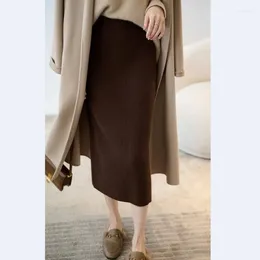 Skirts Autumn And Winter Wool Alpaca Elastic High Waist Ribbed Knitted Straight Slim Fit Skirt For Women