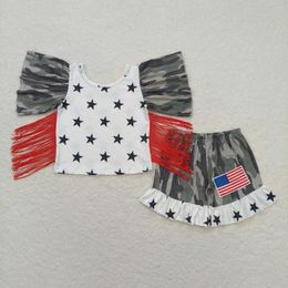 Clothing Sets Wholesale Toddler July 4th Kids Summer Short Sleeves Stars Tassel Tops Children Camo Shorts Baby Girls Two Pieces Outfit