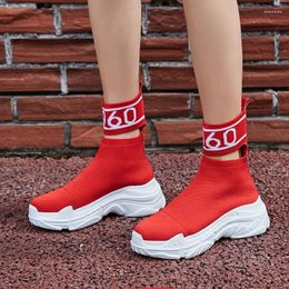 Boots 2024 Thick Sole Sneakers Woman Flat Platform Knitting Strech Women Socks Shoes Fashion Trainer Hollow Casual Red/Black