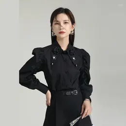Women's Blouses Zhongchuang Rizhen 2024 Niche Design Sense Bubble Sleeve Shirt For Women To Look Slim Medium Length Three-Dimensional Flower