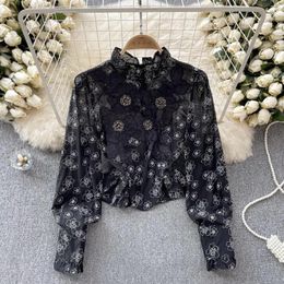 Women's Blouses Fashion Blouse Women Stand Embroidery Floral Sequins Camisa Feminina French Chic Solid Colour Blusas Mujer Spring Drop