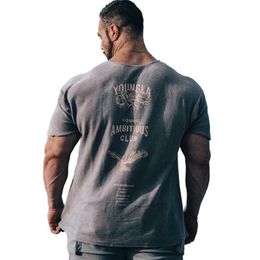 Men's T-Shirts Cotton running sports T-shirt mens short sleeved shirt mens gym fitness training fitness tee top summer Crossfit clothing Y240522