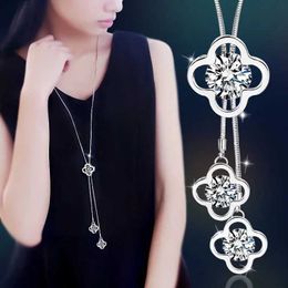 Pendant Necklaces Womens pendant necklace hollow leaf flower crystal sweater chain crystal long tassel necklace accessory S2452206