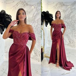 Popular Dark Red Split Evening Dresses Elegant Off Shoulder Beads Appliques Prom Dress Formal Women Vestidos Party Dress BC18643