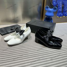 Patent Black White Women Dress Shoes Interlocking C Bow Mary Jane Block Heels Ballet Flats with Jumbo Satin Bow High Heel Sandal Sweety ladies LOGO Pump Mules Slides