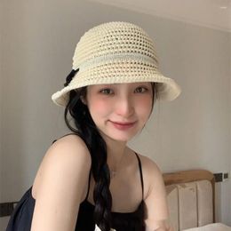 Berets Solid Colour Sweet Sun Hat Fashion Crochet UV Protection Knitted Bucket Wide Brim Bow Sunshade For Women