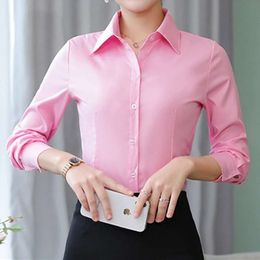 Elegant Woman White Shirt Long Sleeve Blouse Office Lady business Pink Shirts Button Solid Women work Blouses Tops