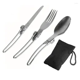 Dinnerware Sets Portable Set Stainless Steel Foldable Spoon Fork Knife With Black Bag 3 In 1 Cutlery Camping Picnic Tableware