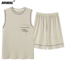 Mens Plus Size Pyjamas Set L-4XL Summer Sleeveless Shorts Sleepwear for Man Breathable Cotton Men Leisure Elegant 2 Pcs Lingerie 240524