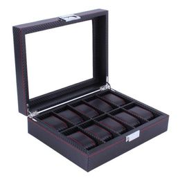 10 Grids Carbon Fibre Pattern Watch Box Watch Holder Organizer Storage Case Jewelry Display Rectangle Black Color Showcase GIFTS T20052 286B