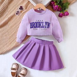 Clothing Sets Toddler Girl's Fashion Autumn Winter Clothes Letter Printed Sweatshirt Pleated Skirts 2Piece Suits Purple Little Girls 1-6Y