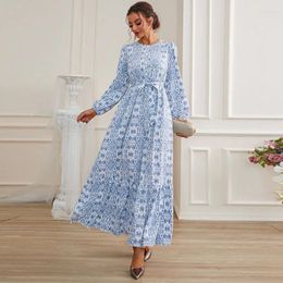 Ethnic Clothing Casual Women Print Long Sleeve Belted Maxi Dress 2024 Autumn Fall Ladies Kaftan Muslim Abaya Turkish Robe Islamic Gown