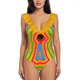 Women's Swimwear Groovy Soul Train Art One-Piece Swimsuit Women Ruffle Bathing Suits Girl Beach Woman Black 70S