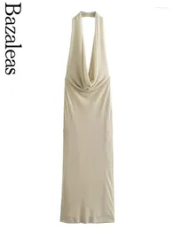 Casual Dresses 2024 Bazaleas Store Beige Halter Women's Dress Official Choker Long For Women Sexy Sleeveless Knit