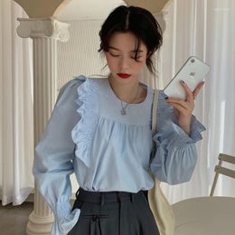 Women's Polos Korean Style Gentle Top Design Sense Niche 2024 Spring Autumn French Shirt Blue With Long Sleeves