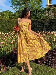 Suninheart Summer Elegant Floral Print Midi Holiday Dress with Pocket Yellow Back Lace Up Party Dresses Casual Women Dress 240518