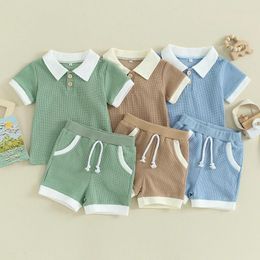 Clothing Sets Toddler Boy Summer Clothes Baby Solid Button Short Sleeve T Shirt Top Pockets Shorts Set Soft Waffle 2 Piece Outfit Lapel