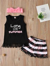 Clothing Sets 3-piece womens work clothes sleeveless tassel vest top and elastic waist striped leaf shorts bow WX5.23