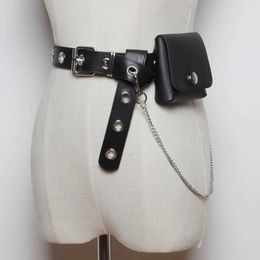 Waist Chain Belts New chain womens small bag strap jeans punk silver buckle shoulder strap phone bag waist bag hollow rivet girl Q240523