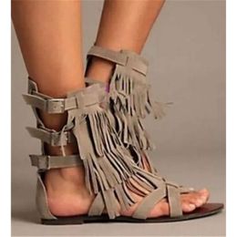 Women Western Fashion Open Toe Suede Leather Tassels Gladiator Buckles Strap Fringes Flat ab4