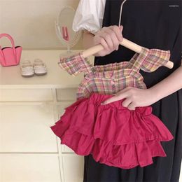 Clothing Sets 2-7T Girl's Sweet Pink Cotton 2piece Set Summer Colour Grid Button Ruffles Flying Sleeve Tank Elastic Double Layered Cake Skirt