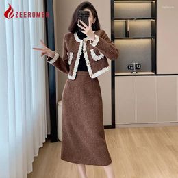 Work Dresses 2024 Fall /Winter Elegant Office Women Woollen 2-Piece Set Dress Lace Patchwork Tweed Jacket Coat High-Waist A-line Long Skirt