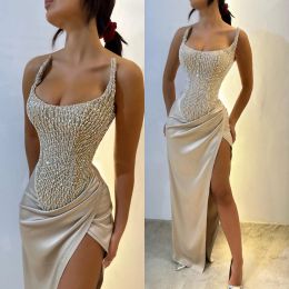 Champagne Prom Dresses Strapless Beads Top Evening Dress Split Formal Long Special Occasion Party dress 0524