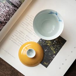 Teaware Sets Yellow Ore Glaze Porcelain Gaiwan Hand Painted Hidden Bamboo Antique Tea Brewing Bowl Literati Set