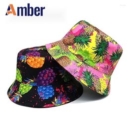 Berets Amber Fruit Pattern Bucket Hat Colourful Cartoon Fisherman Hats Pineapple Panama Cap Double Sides 58cm Printing Outdoor Sport Sun