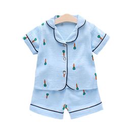 Boys Girls Homewear Sets Clothes Baby Short Sleeves Pamas Muslin Cotton Outfit Kids Suit Shirt Tops+Pants 2PC 0-5 Years L2405