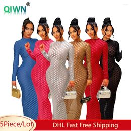 Casual Dresses 5Pcs Bulk Wholesale Lots Women Dress Sexy Mesh See Through Maxi Elegant Female Long Sleeve Bodycon Robes Clothing 10357