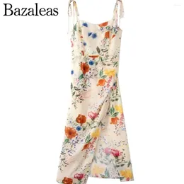 Casual Dresses 2024 Elegant Women's Hem Cross Slit Robe Summer Beige Flower Print Adjust Party Sling Dress