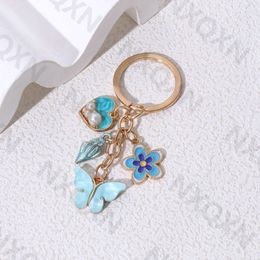 Pretty Blue White Butterfly Flowers Enamel Keychain Heart Love Key Ring For Women Girl Friendship Gift Handmade Jewlery Set