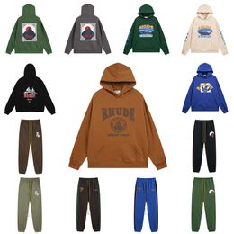 mens and womens designer rhude hoodie sweatshirt Old Wash Embroidery Loose drawstring stretch athleisure Thick Vintage High Street Hip Hop Couple rhude sweatpants