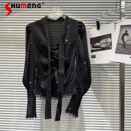 Women's Blouses 2024 Autumn Lace-up Bow Full Body Rhinestone Lace Edge Shirts And For Women Underwear Top Long Sleeve Black Blusas