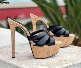 Rontic Women Slingback Sandals Slifors Schema di sughero sexy tacco a tacco aperto di piedi Black Party Scarpe Black Ladies US Size 5207052229