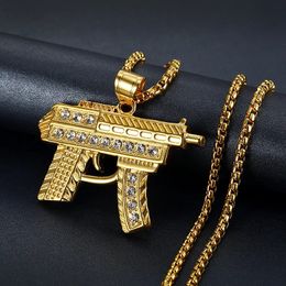 Golden Gun Shape 14K Gold Necklace Pendant with Chain for Women/Men Ices Out Bling Rhinestones Hip Hop Jewellery