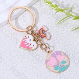 Pretty Romantic Heart Rainbow Enamel Keychain Flowers Love Key Ring For Women Men Friendship Gift Handamde Jewellery Set