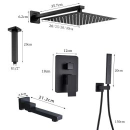 Matte Black Wall Mount Bathroom Shower Faucet 8/10/12/16 Inch Rainfall Mixed Hot Cold Water Mixer Bathtub Tap with Hand Sprayer