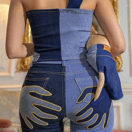 Women's Jeans Streetwear Fashion Contrast Color Splice Super Stretchy Woman Slim High Waist Pants Pantalones De Mujer Cintura Alta