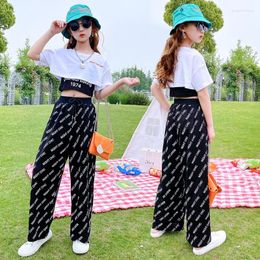 Clothing Sets 2024 Girls Set Fashion Summer Kids Sweatshirt Crop Top T-shirt Vest Wide-leg Pants 7 8 9 10 11 12 Years Old