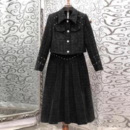 Work Dresses Top Quality Wool Skirt Suit 2024 Winter Women Beading Deco Long Sleeve Coat Jacket High Waist Blend Set