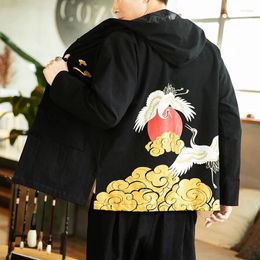 Ethnic Clothing Oriental Clothes Men Embroidery Kimono Jacket Plus Size 5Xl Black Loose Hooded Coat Vintage Traditional Chinese KK3031