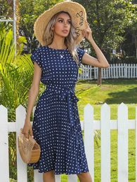 Basic Casual Dresses JIM NORA Womens Beach Sun Skirt Short Slave Polka Dot Print Vista A-line Flower Elegant High Waist Pleated Casual Midi Dress Y240524