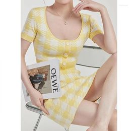 Work Dresses For Woman 2024 Two Piece Set Knitted Clothing Yellow Top With A Short A-line Skirt Vintage Korean Fashion