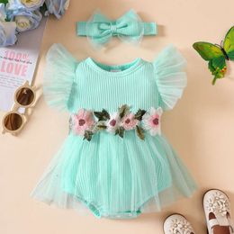 0-18M Infant Baby Girl Cute Romper Dress Lace Fly Sleeve Flower Embroidery Rib Knit Tulle Jumpsuits with Headband