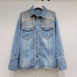 Women's Blouses Spring Women Diamonds Beaded Tassels Denim Jacket Rivets Fringed Chain Jean Coat Rhinestone Bomber Cardigan Crystal Outwear