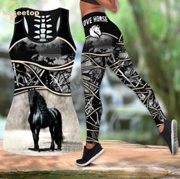 Women's Tanks Top Black Love Horse 3D Print Women Two Piece Yoga Set Vest Hollow Combo Tank Legging Waist Sport Fitness Quick Dry LK348