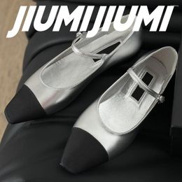 Casual Shoes JIUMIJIUMI Handmade Woman Leather Square Toes Shallow Flats Mixed Colour Mary Janes Buckle Strap Concise