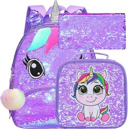 Backpacks 3 pieces of childrens backpack 12 inch glitter kindergarten backpack and lunch box - purple T240522